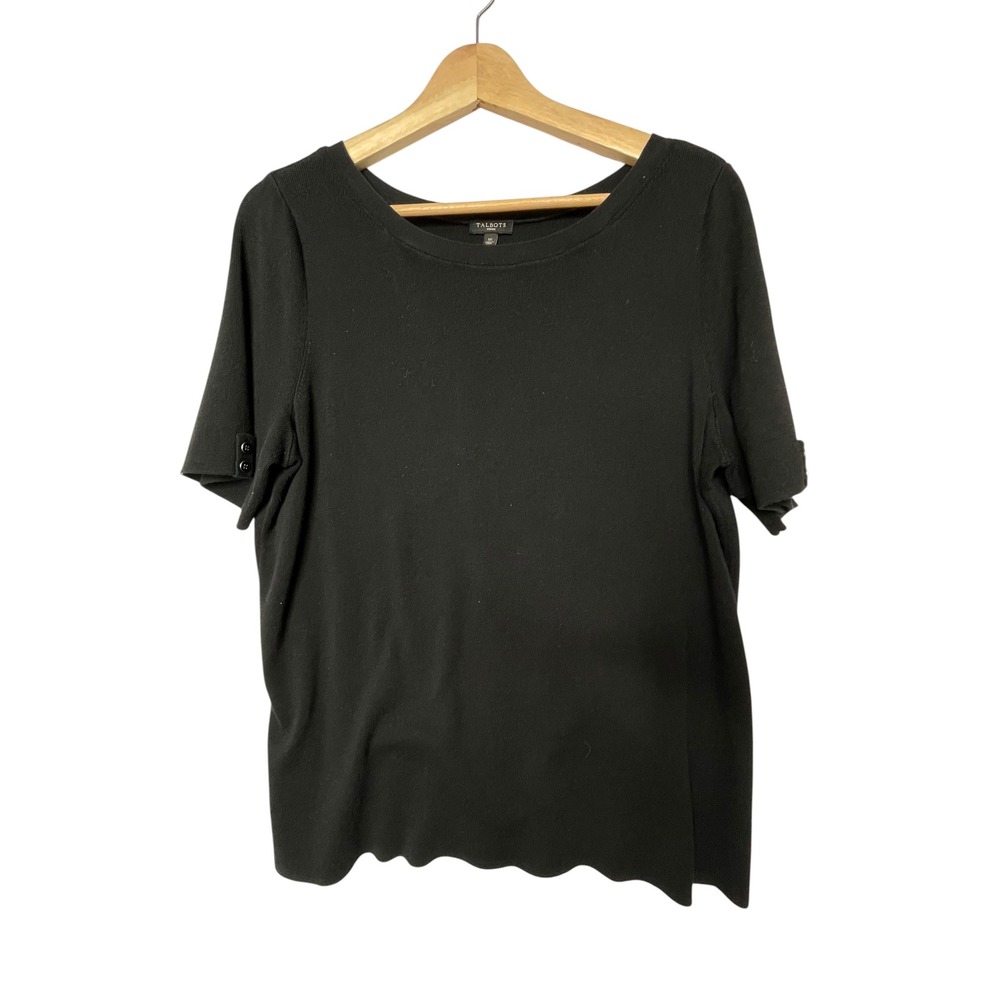 Talbots Woman Black Short Sleeve Knit Sweater Top Button Cuff Scoop Neck 1X